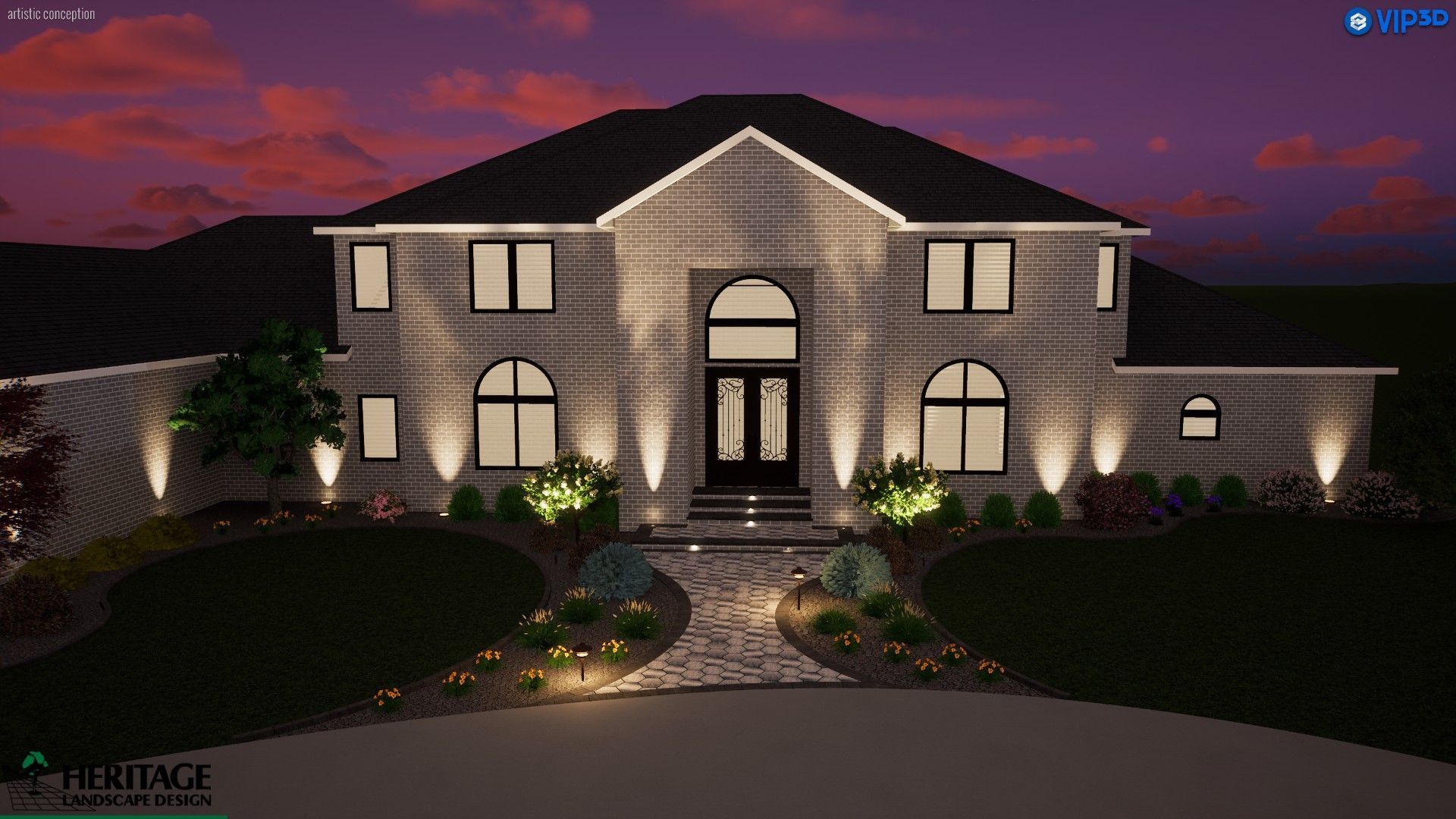 A two-story house at dusk with outdoor lighting illuminating the front facade, landscaping, and pathway.