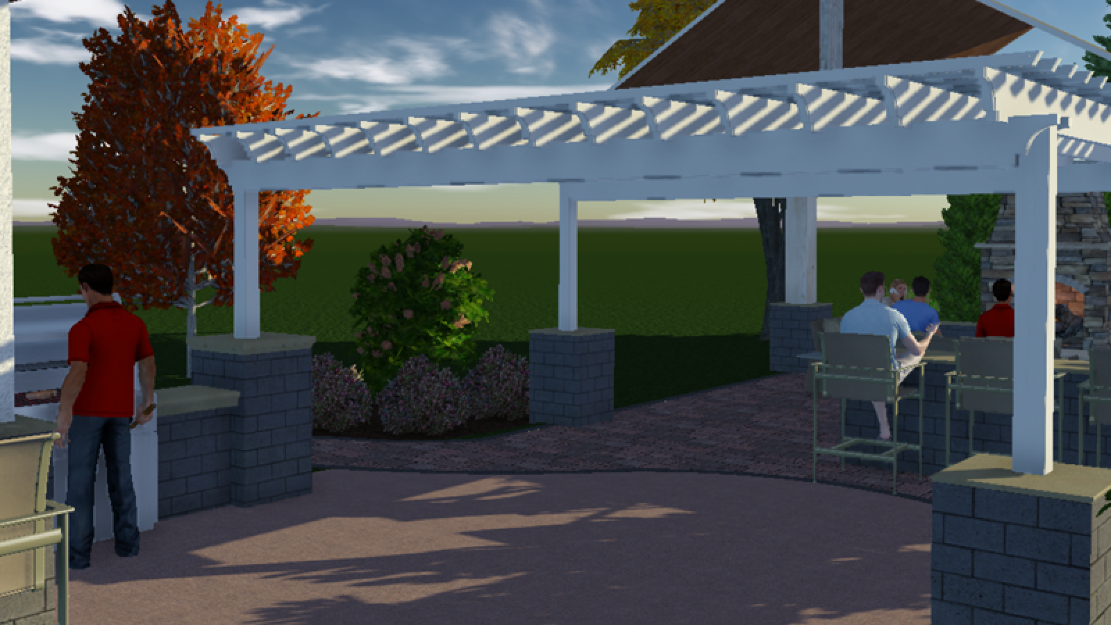 A person walks toward a patio with a pergola. Other people sit at tables. Green grass and trees in the background.