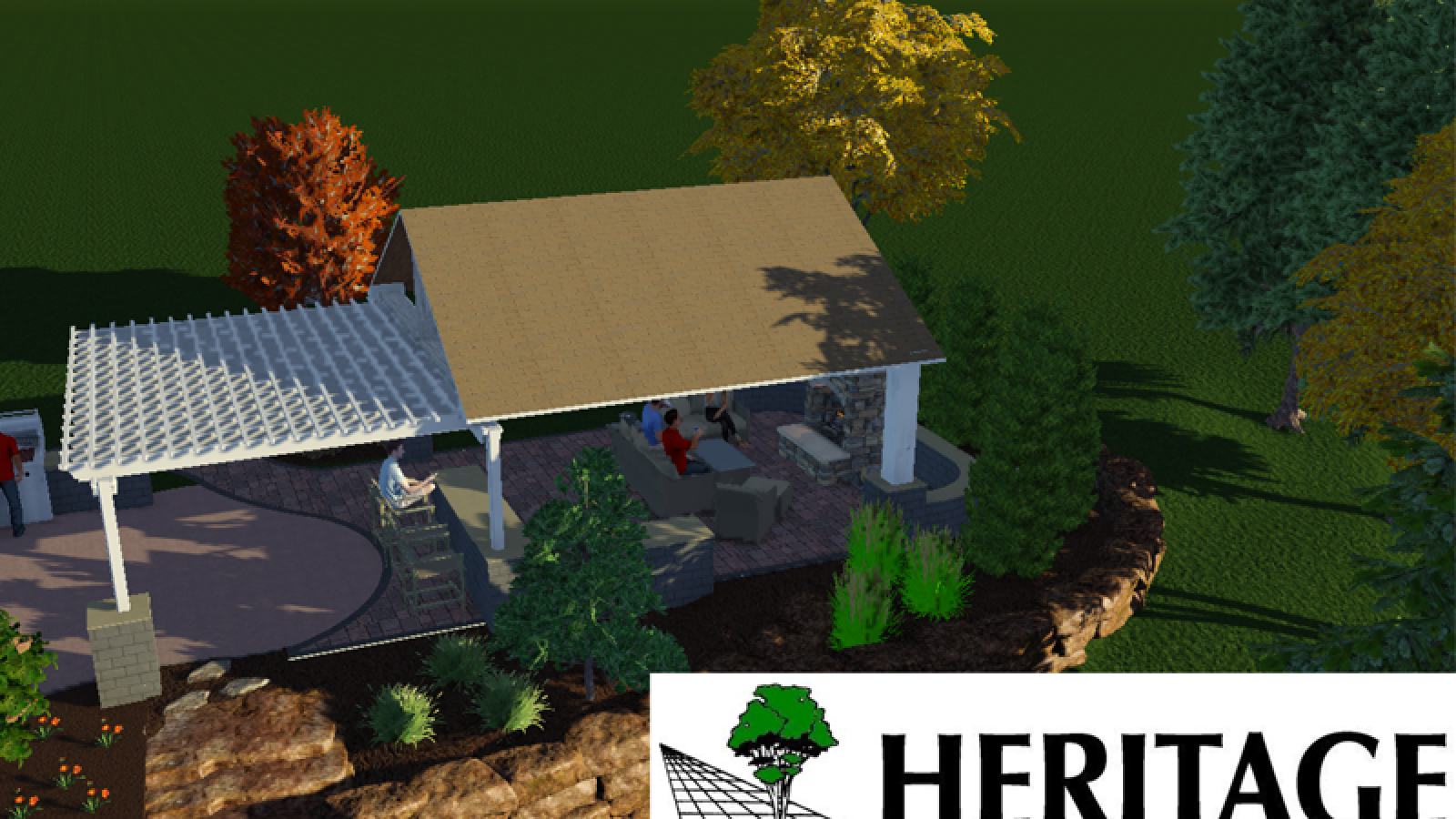 An architectural rendering shows a stone patio, pergola, and pavilion with people at a table. Green grass and trees surround the structure.
