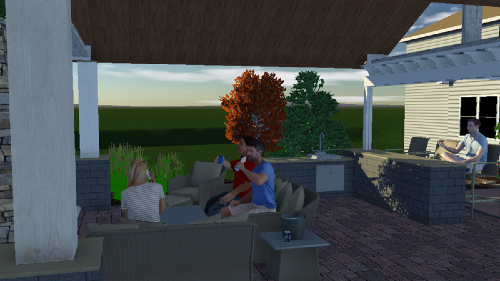 People socializing on a patio under a pergola. One person is drinking a beverage. A brick grill and house are in the background.