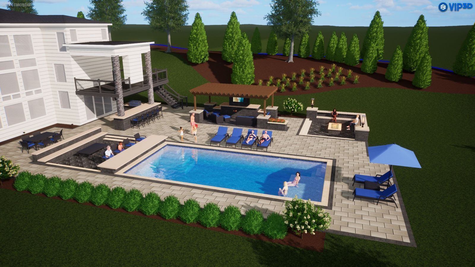 Backyard with a pool, patio, outdoor kitchen, and seating area, with a two-story house in the background.