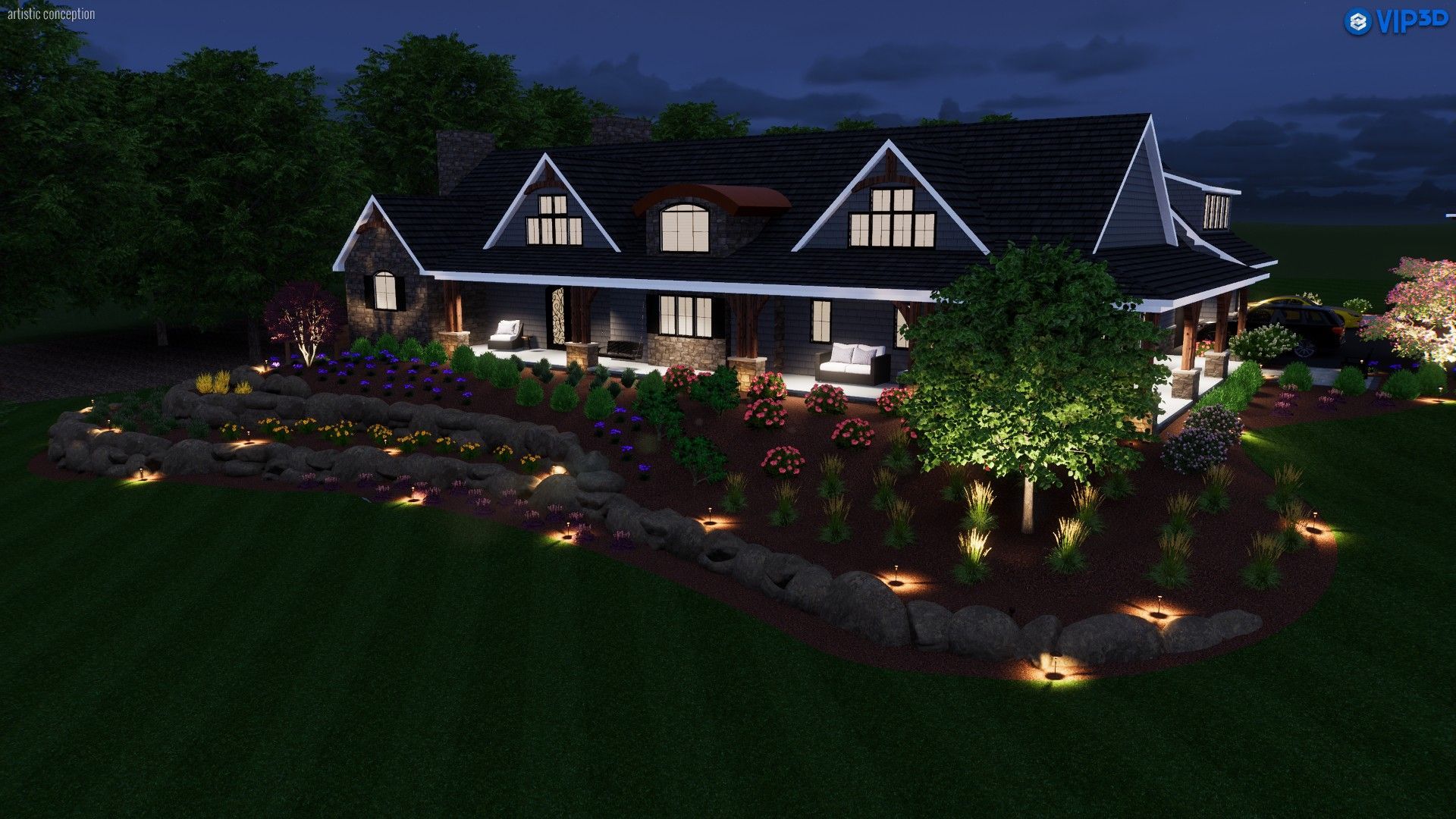 Night view of a house with outdoor lighting illuminating the landscaping and exterior. Dark siding, white trim, and a dark roof.