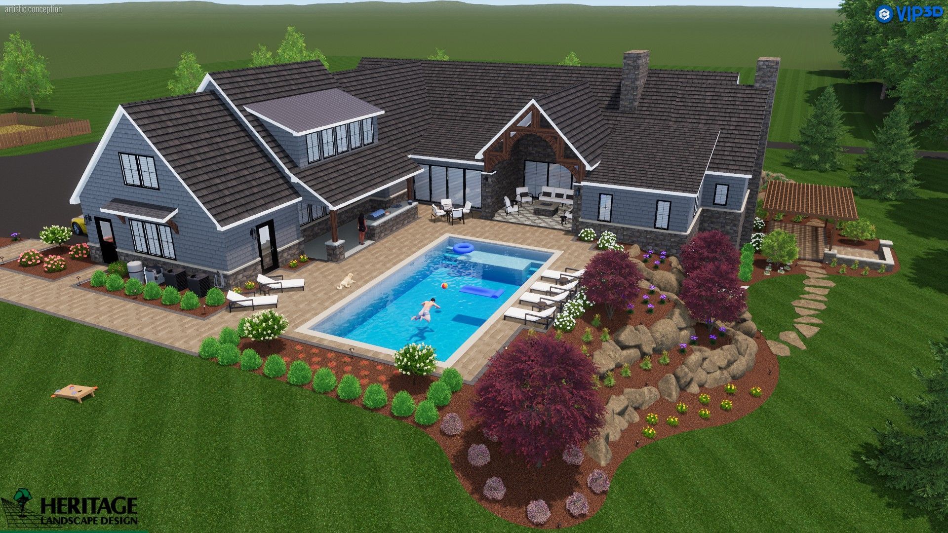 A rendering of a two-story blue house with a pool, backyard landscaping, and green grass.