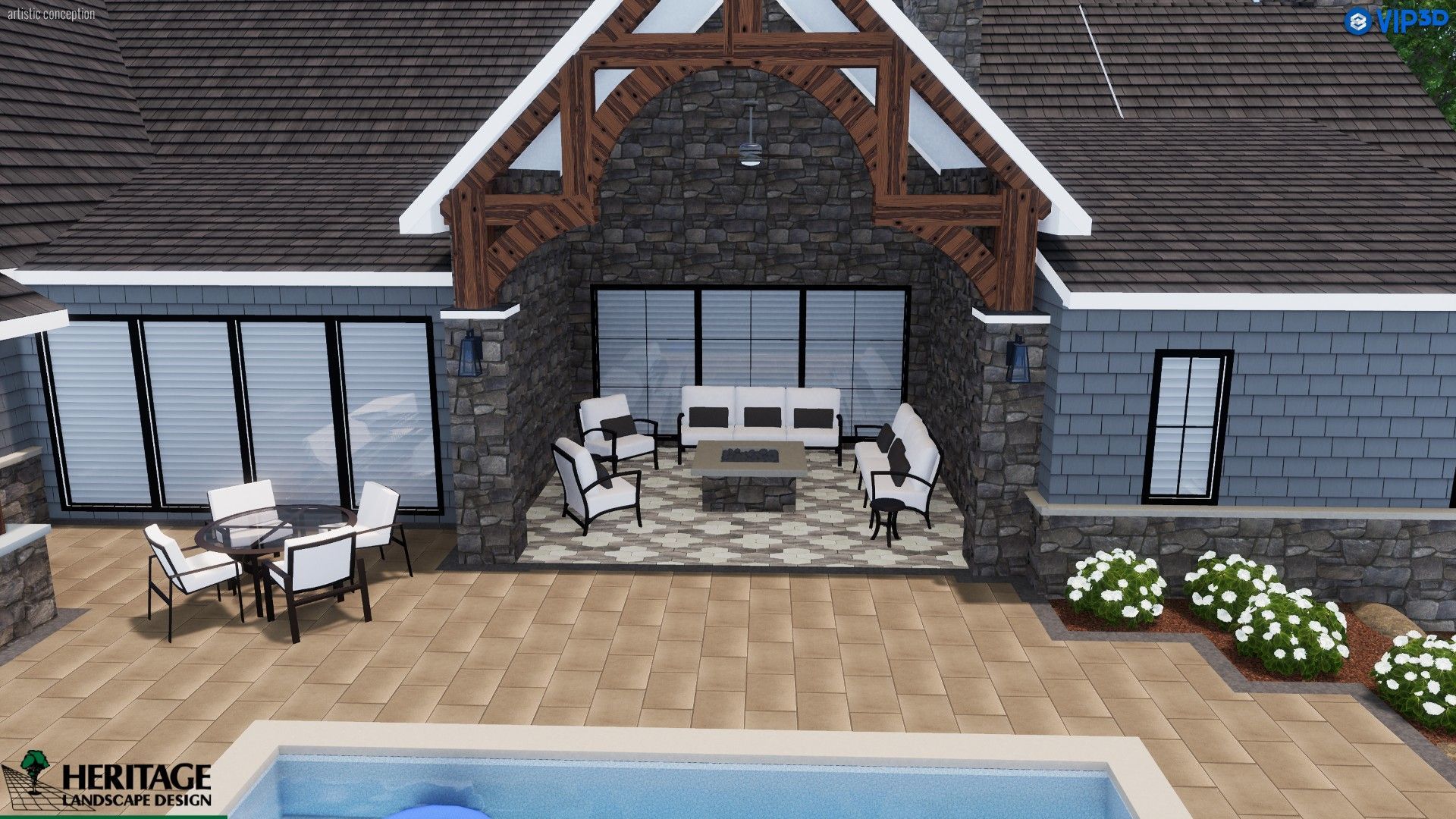 Backyard patio with pool, stone facade, and outdoor furniture. Features seating areas with a fireplace and folding glass doors.