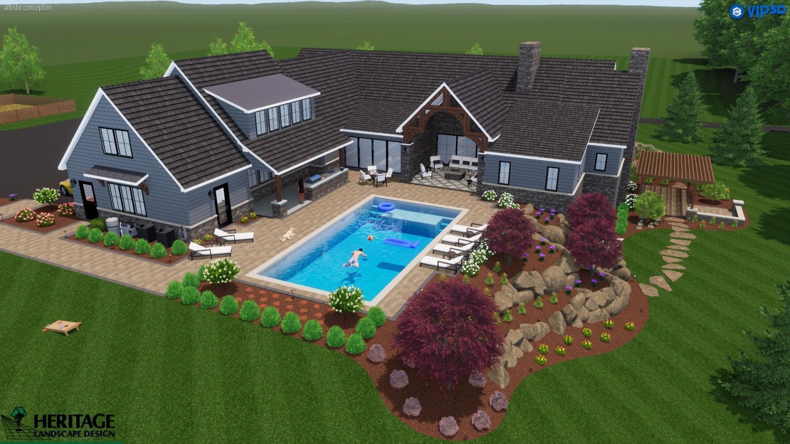 3D rendering of a modern home with a pool. Includes a backyard with lounge chairs, landscaping, and a person swimming.