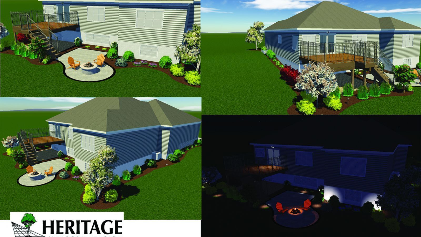 Four renderings of a house and landscaping design. The design includes a deck, patio, and garden beds. One rendering shows the scene at night.