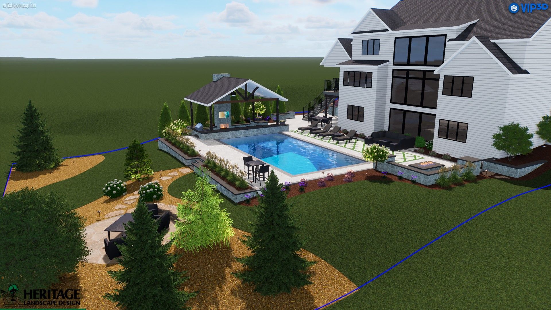 A modern home with a pool, outdoor kitchen, and landscaping. The house is white with black windows, and the pool is blue.