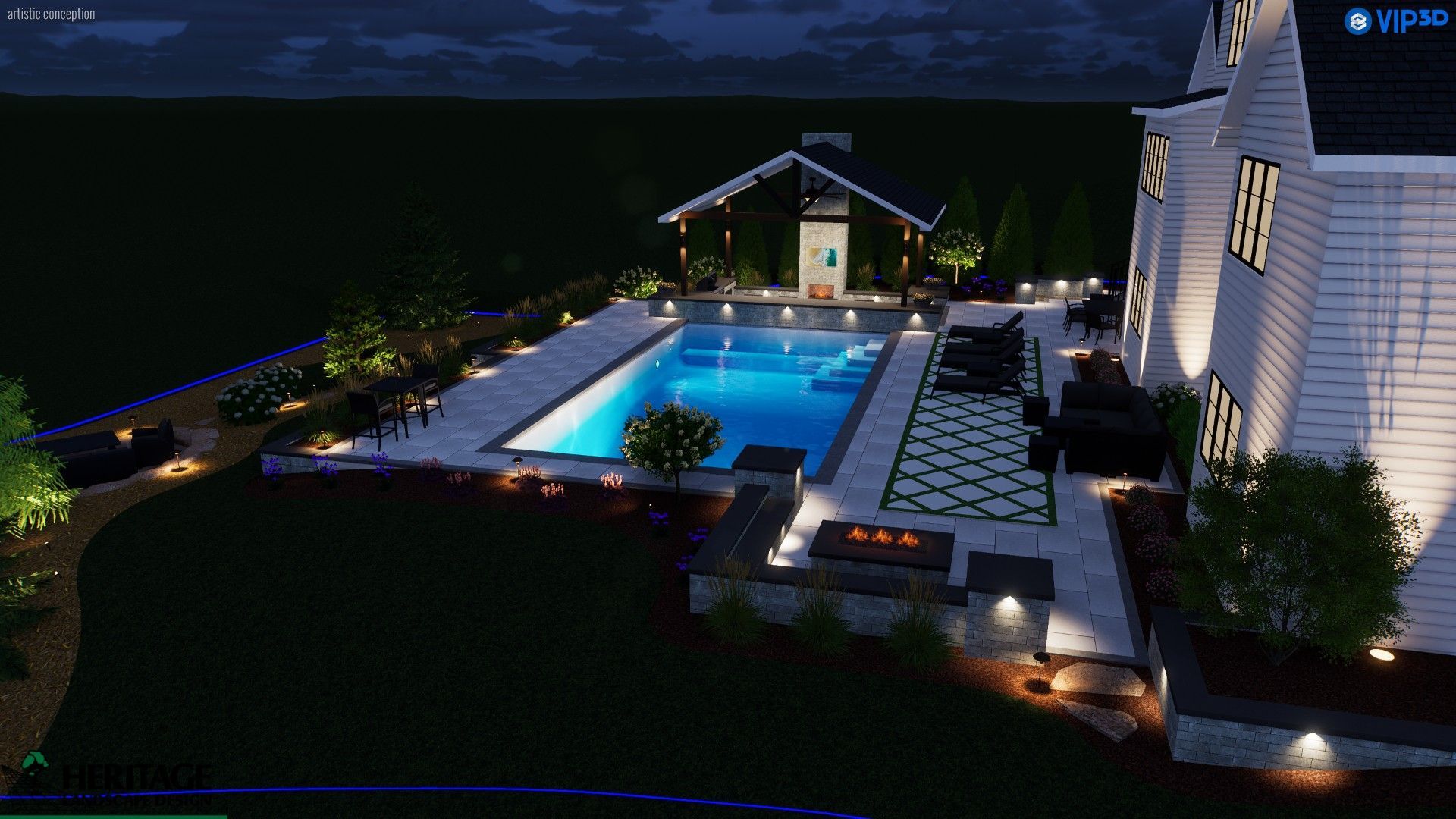 Nighttime view of a backyard with a pool, cabana, patio, and lit-up white house. Landscaping and outdoor lights illuminate the area.