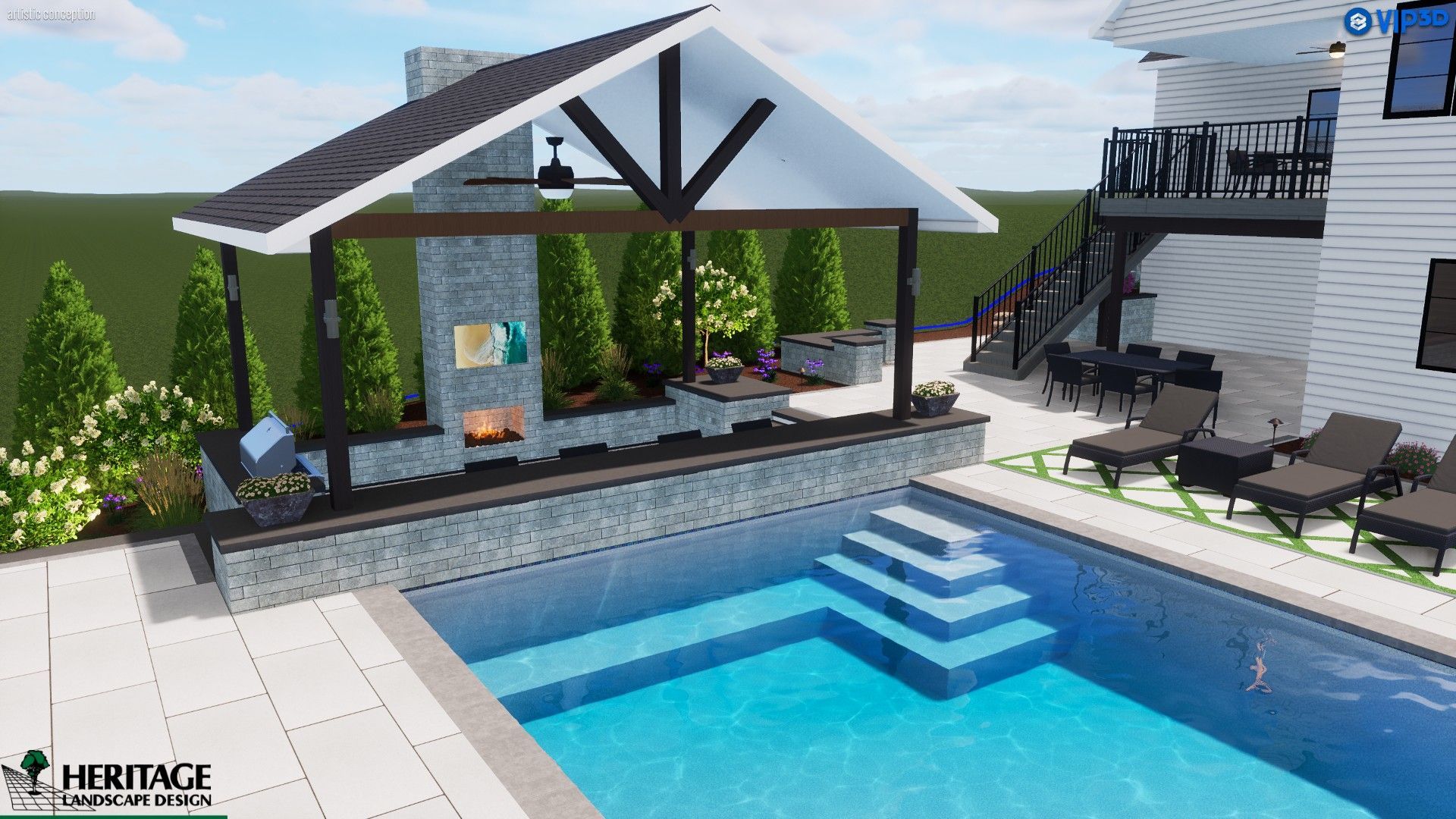 A backyard pool area with a covered outdoor kitchen, steps into the pool, and a deck.