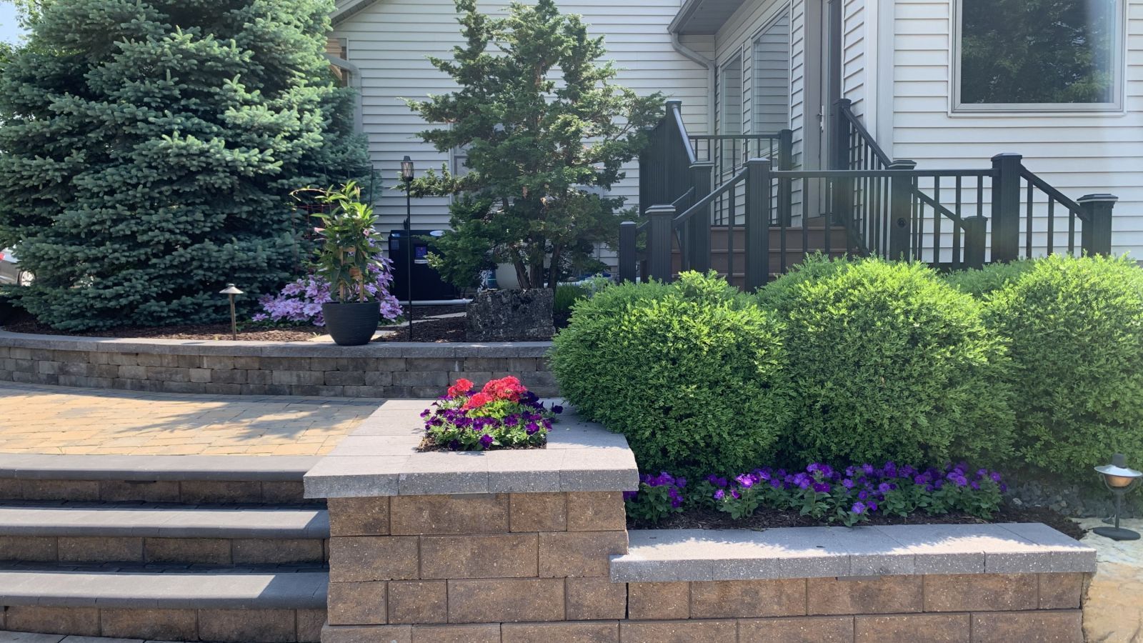 Stone steps lead to a house with black railings and a front yard with green bushes and purple and red flowers.