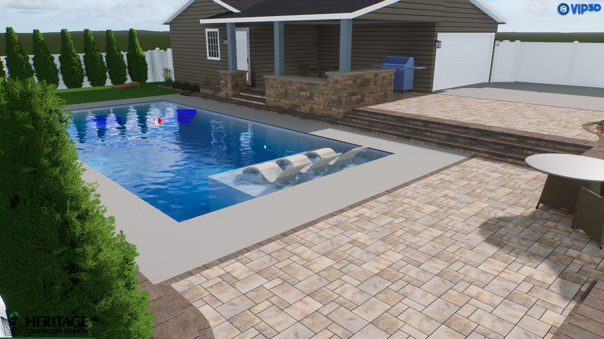 A backyard pool design with a blue pool, lounge chairs, a patio, and a small building with a stone facade.