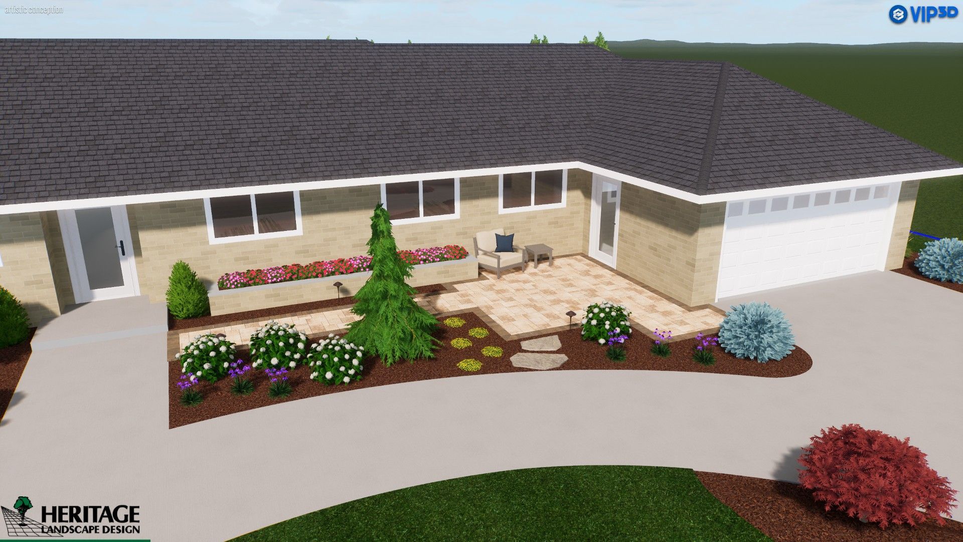 3D rendering of a beige brick house with a black roof, landscaping includes flowers, a patio, and a two-car garage.