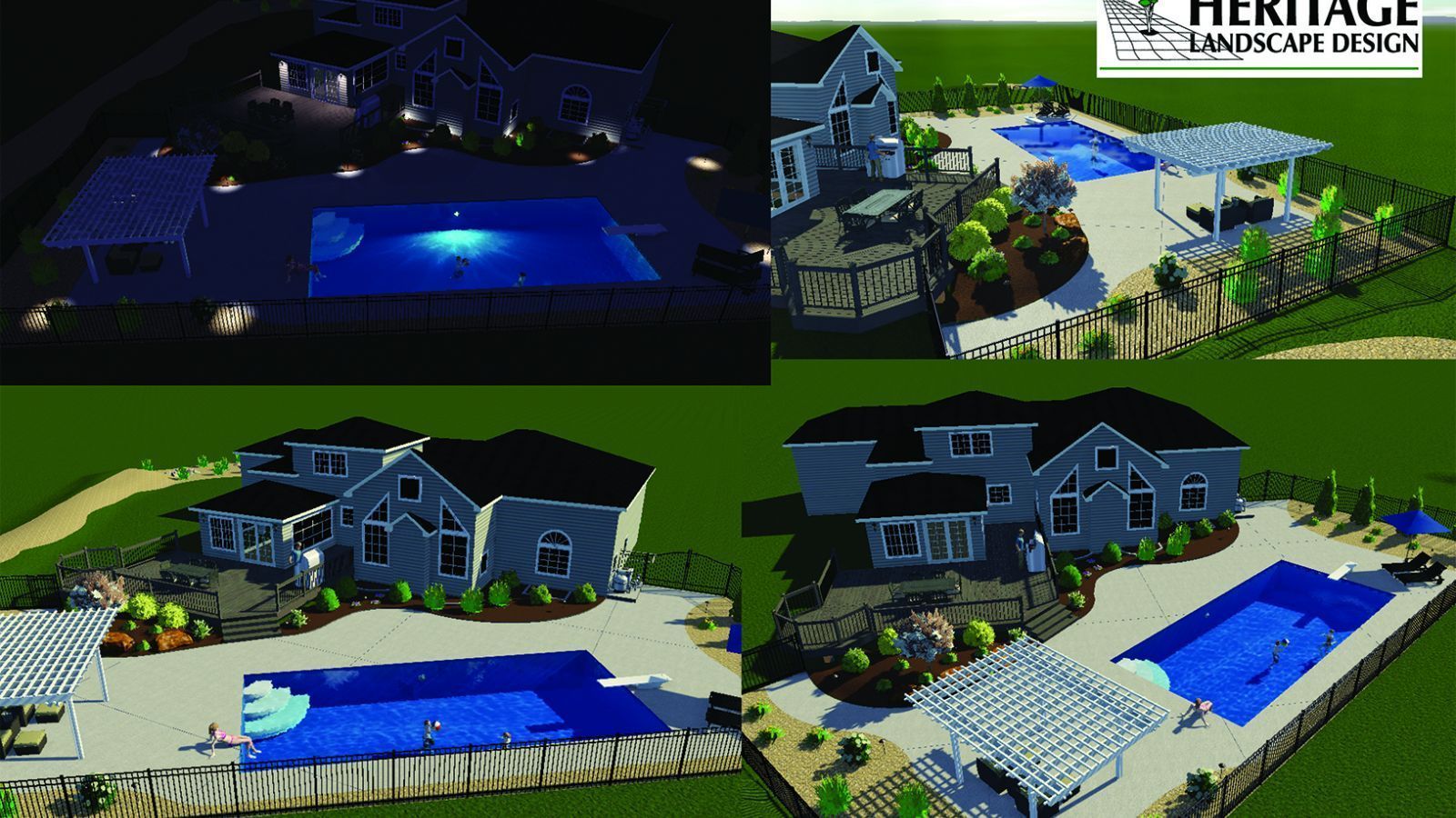 Four different renderings of a house and pool design by Heritage Vision Landscape Design, in various perspectives and times of day.