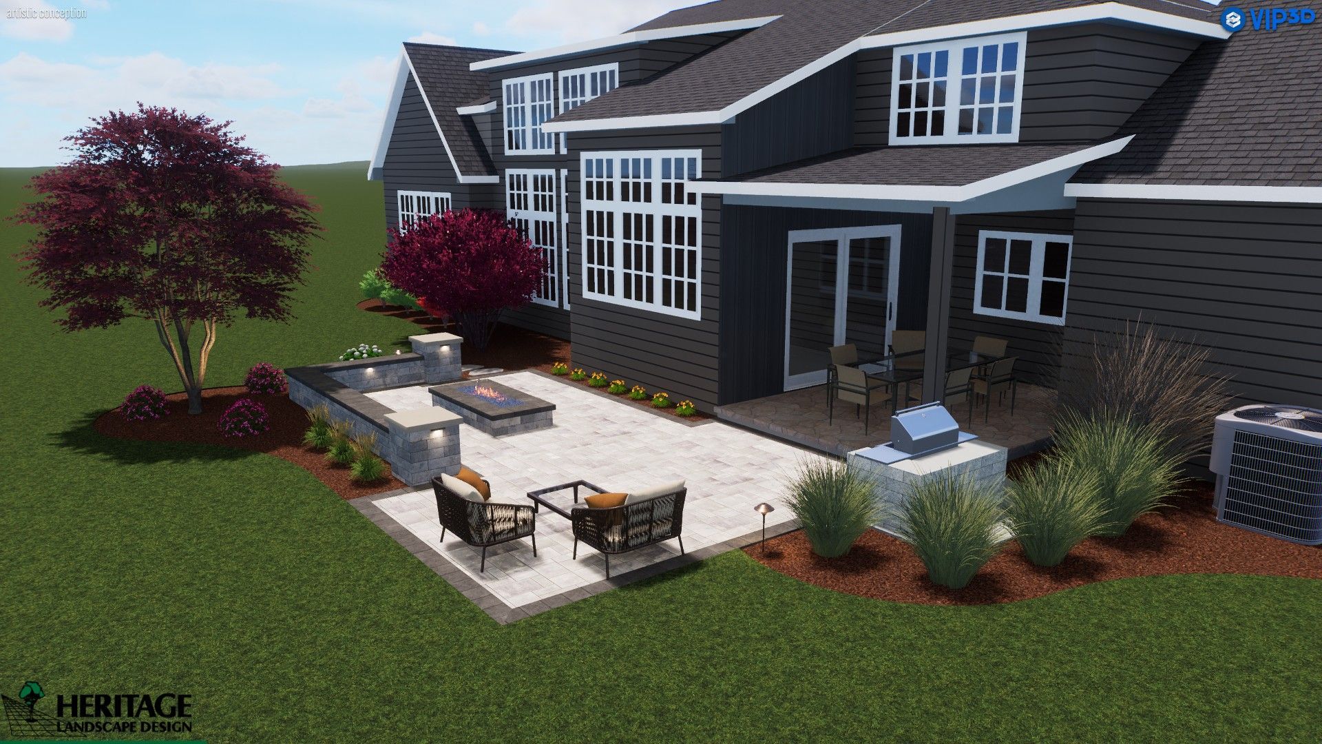 Backyard patio with a dark gray house, featuring a grill, fire pit, seating, and landscaping.
