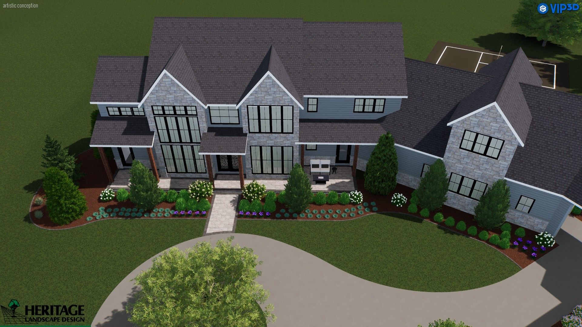 Architectural rendering of a two-story blue house with gray accents, featuring a landscaped front yard and circular driveway.