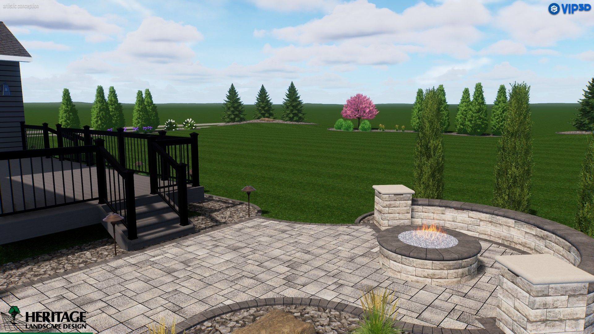 A rendered backyard scene with a stone patio, fire pit, deck, and a large lawn with trees and blue sky.