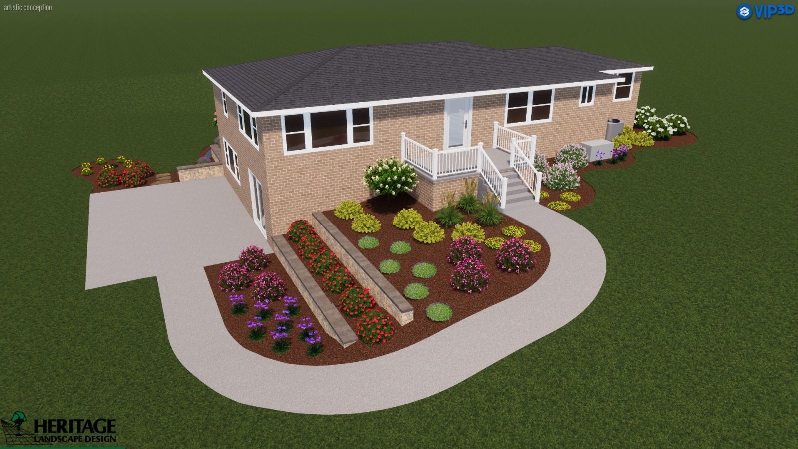 3D rendering of a two-story brick house with a curved driveway and landscaped front yard. The yard features a flower bed with red and green plants.