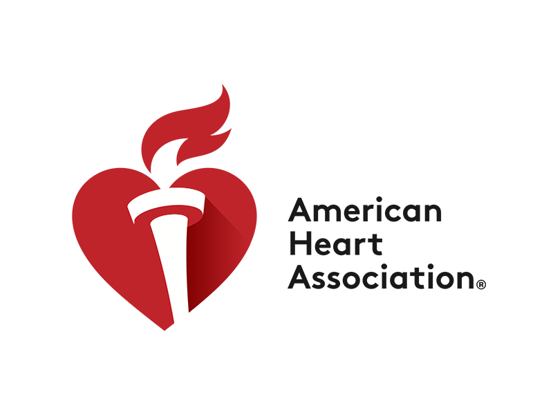 The logo for the american heart association is a red heart with a torch inside of it.
