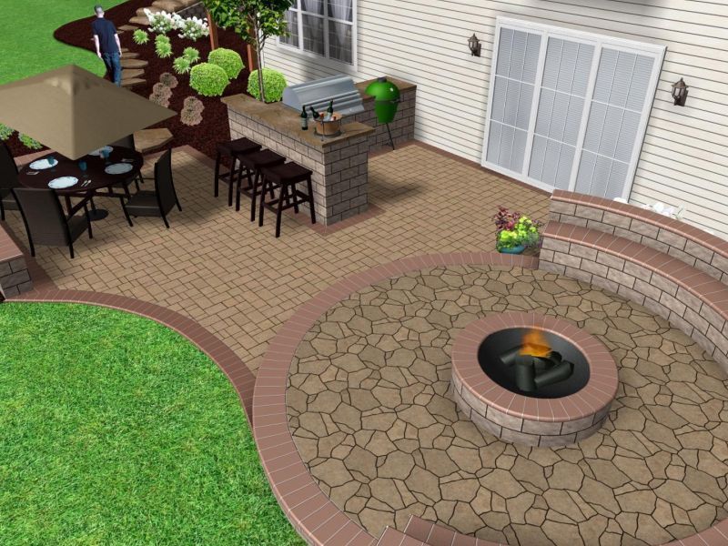 A computer generated image of a patio with a fire pit