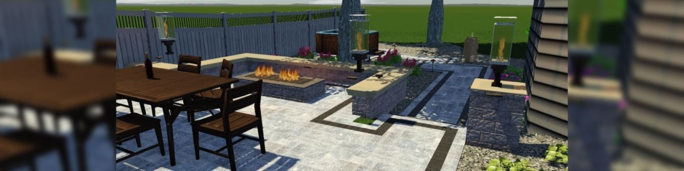 Outdoor patio with a wooden table and chairs, a fire pit, and a water feature. A wooden fence and greenery are in the background.