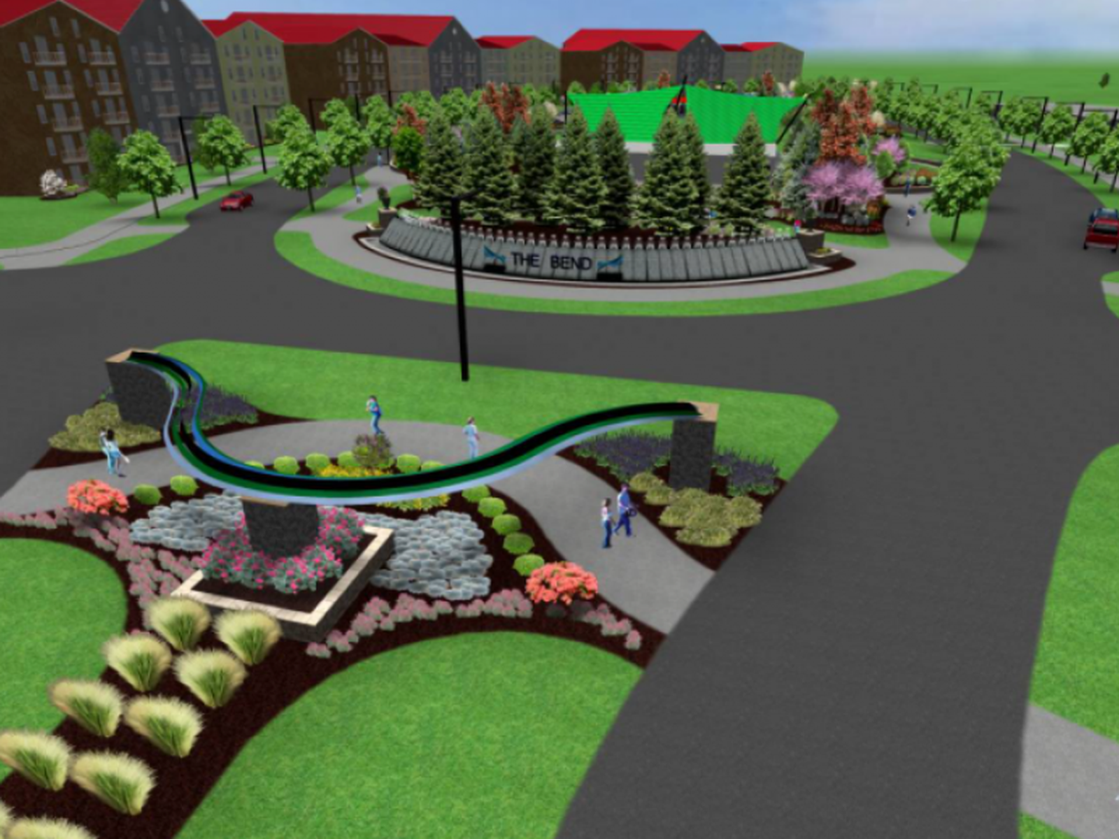 3D rendering of a roundabout entrance with a decorative water feature, landscaping, and buildings in the background. People are walking near the feature.