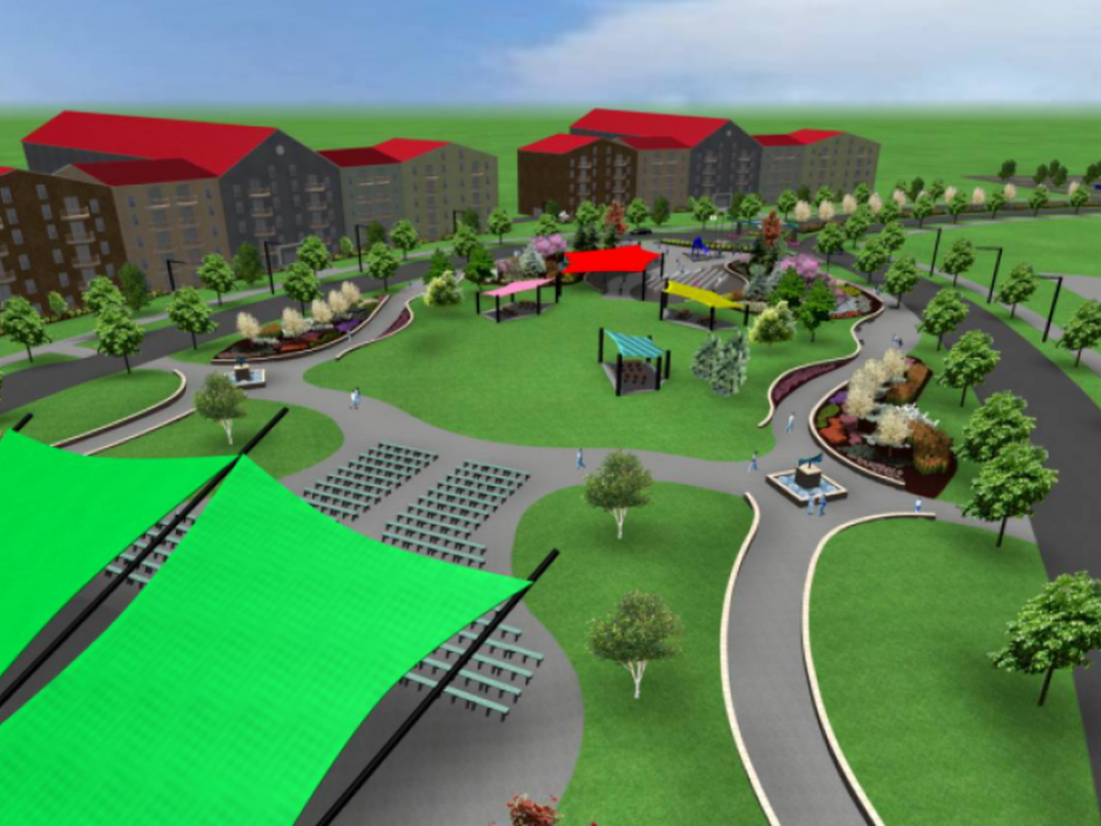 A rendered view of a park with a playground, a seating area, and buildings in the background. Green canopies, a winding path, and trees are featured.