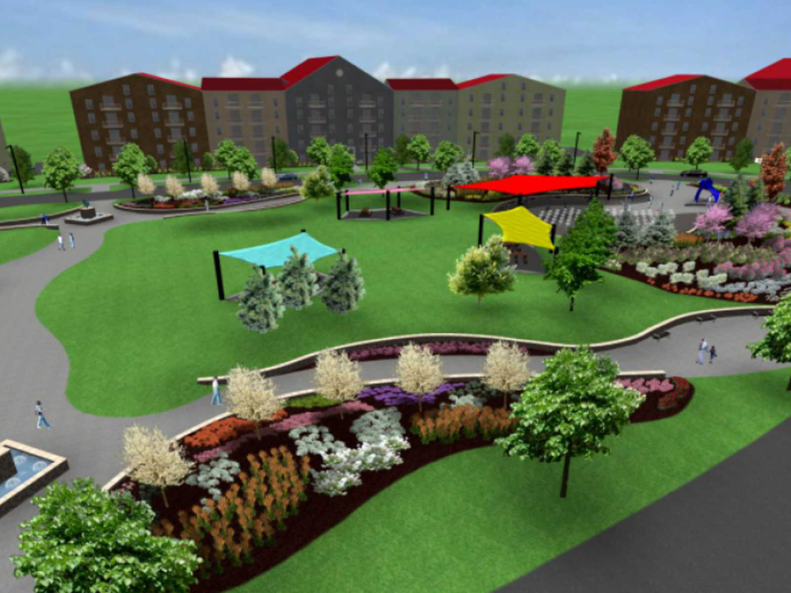 Rendering of a park with colorful shade structures, walking paths, landscaping, and apartment buildings in the background. People are strolling along paths.