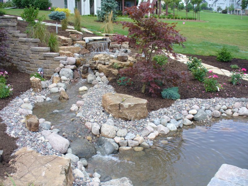 A landscaped backyard with a waterfall, stream, and pond. Brown mulch, gray rocks, and green plants surround the water feature.