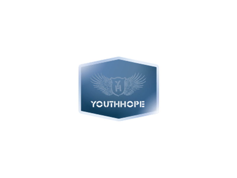 The logo for youth hope is a blue hexagon with wings on it.
