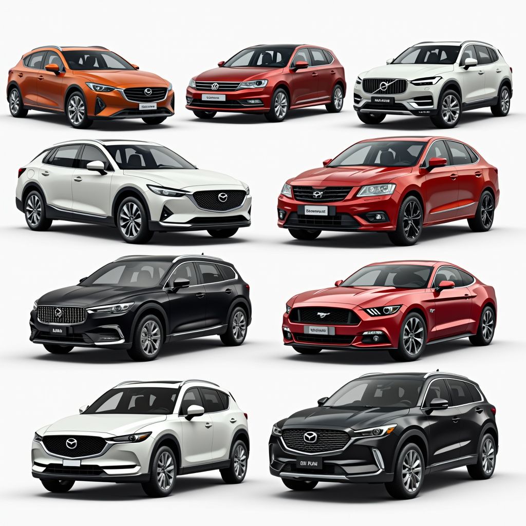 Nove auto diverse di vari colori disposte a griglia.