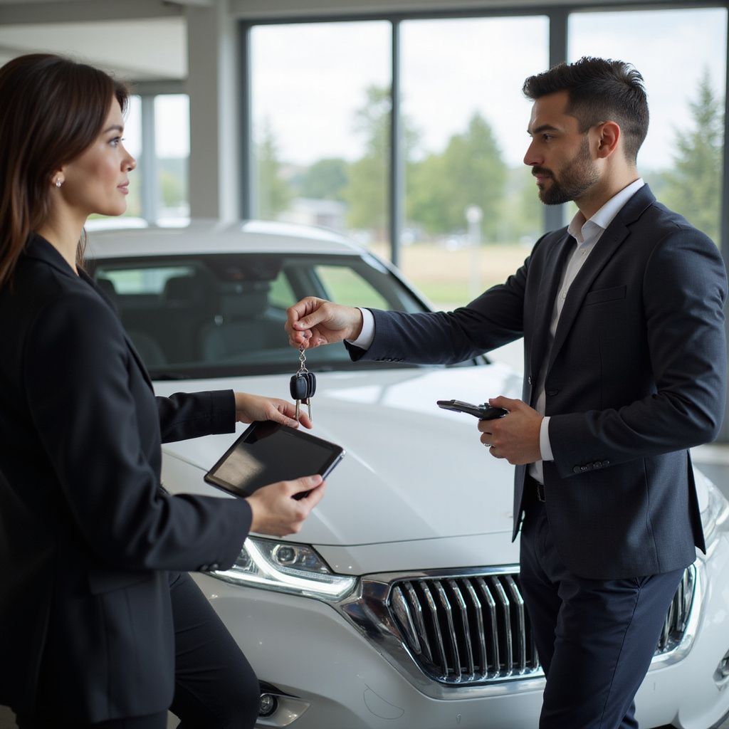 Un venditore di automobili consegna le chiavi a una donna ferma davanti a un'auto bianca.