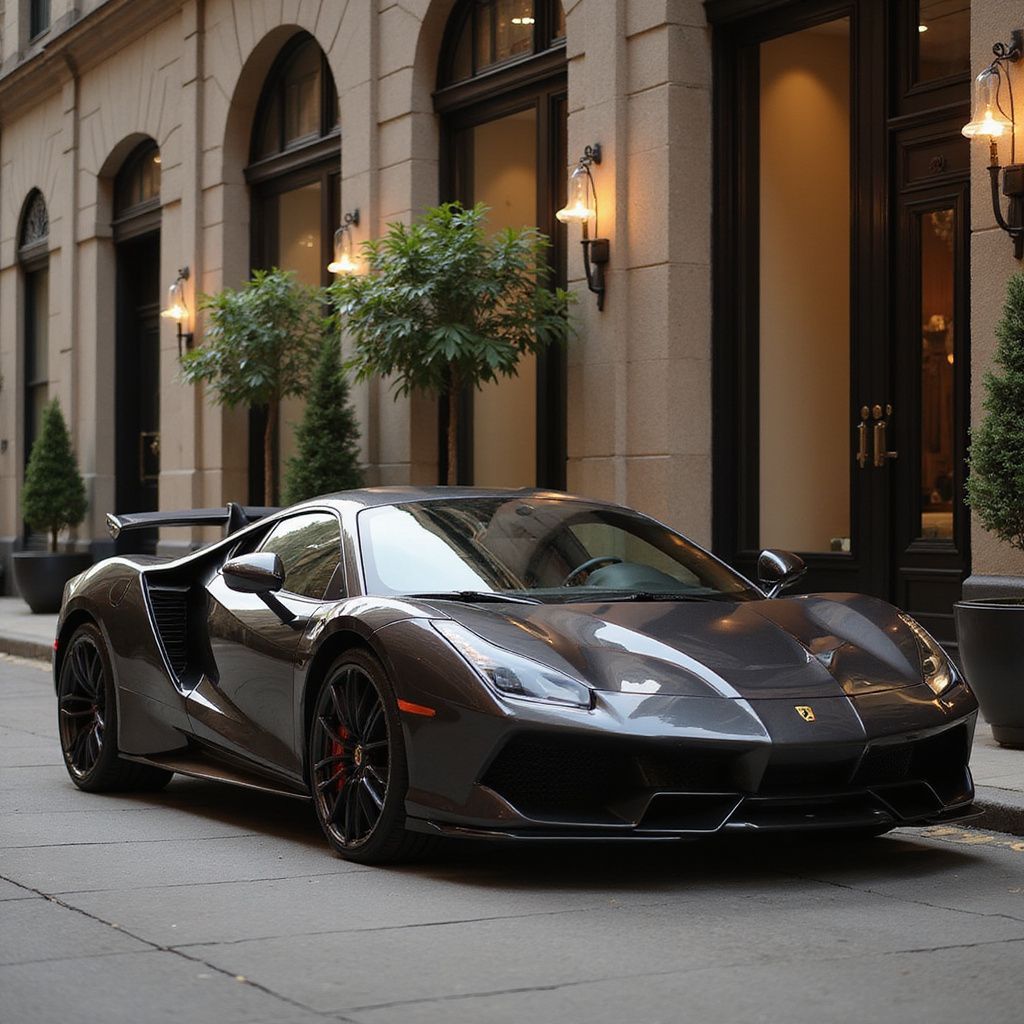 Un'auto sportiva grigio scuro parcheggiata su una strada acciottolata di fronte a un edificio con grandi finestre.