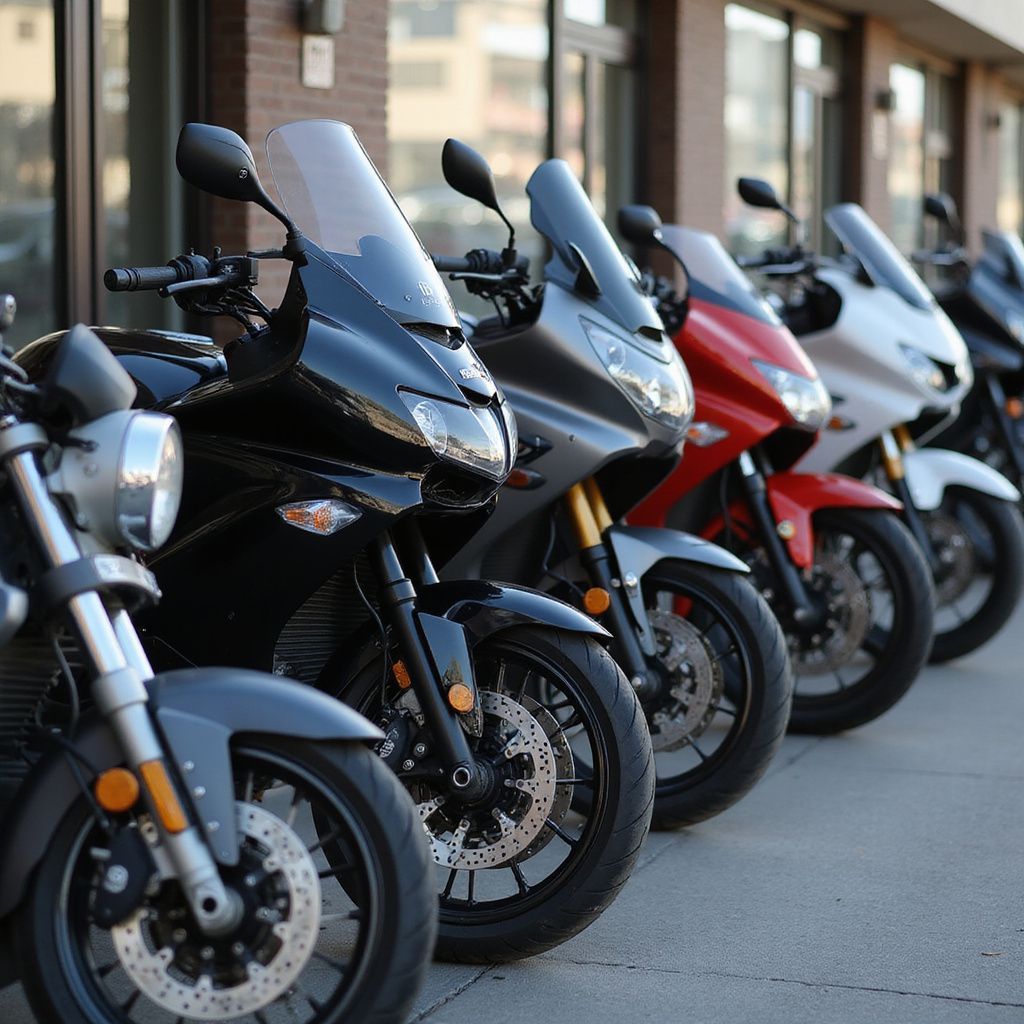 Motociclette parcheggiate in fila; vari colori; davanti a un edificio.