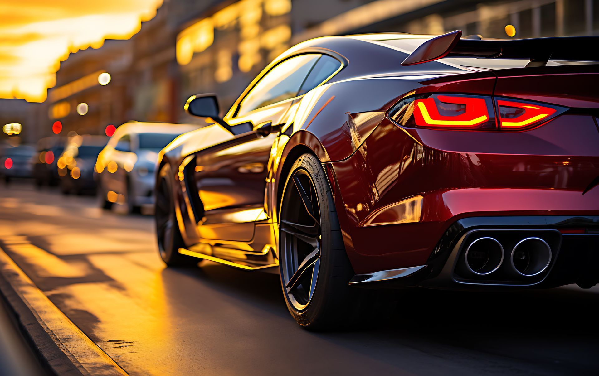 Un'auto sportiva rossa percorre una strada illuminata dal sole, con le altre auto sfocate sullo sfondo.