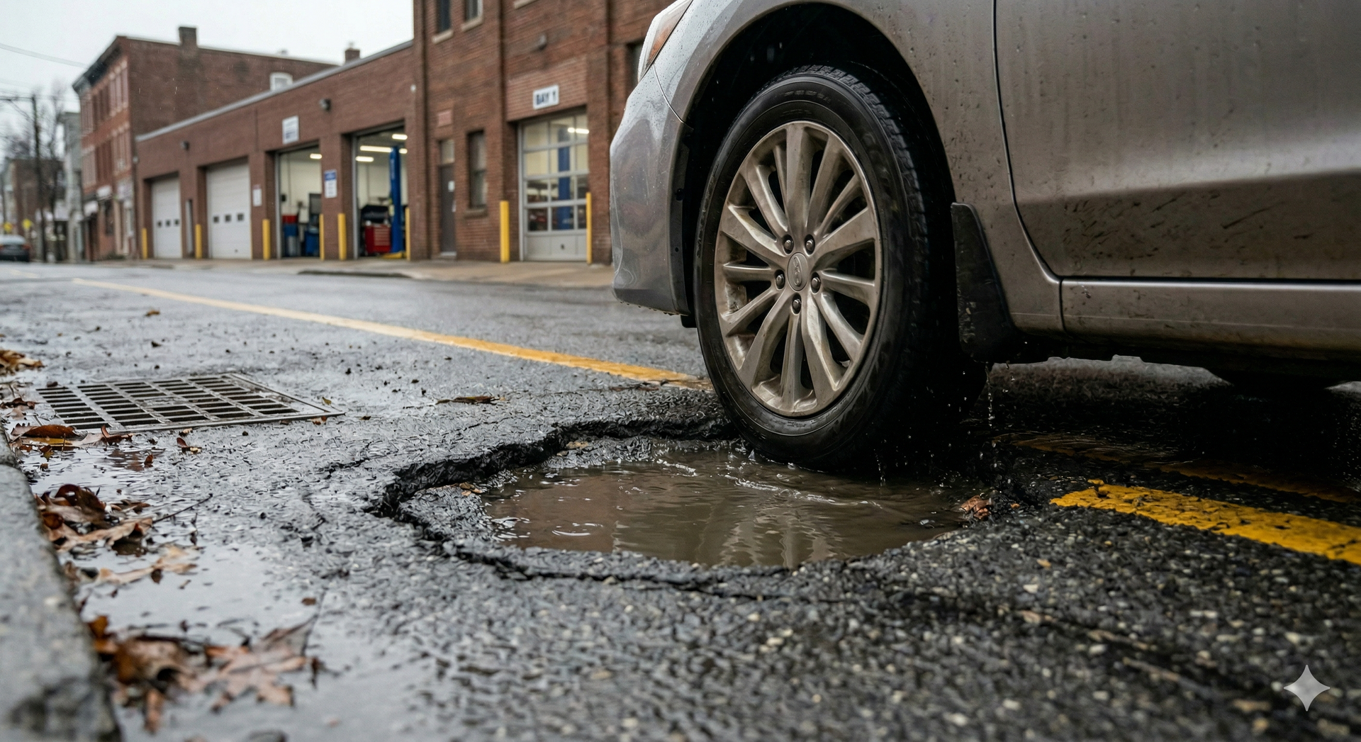 A car wheel positioned directly next to a large pothole filled with water on an urban street near brick buildings.