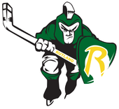 Green Spartan hockey player, holding a stick and shield with "Rutland" and "R" logo.