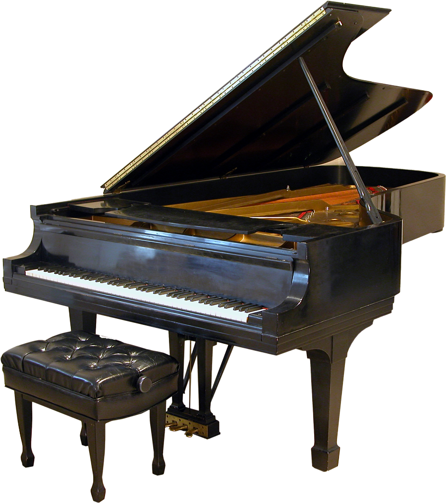 A black grand piano with the lid open and a stool next to it