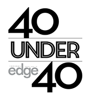 The logo for 40 under 40 edge is black and white.