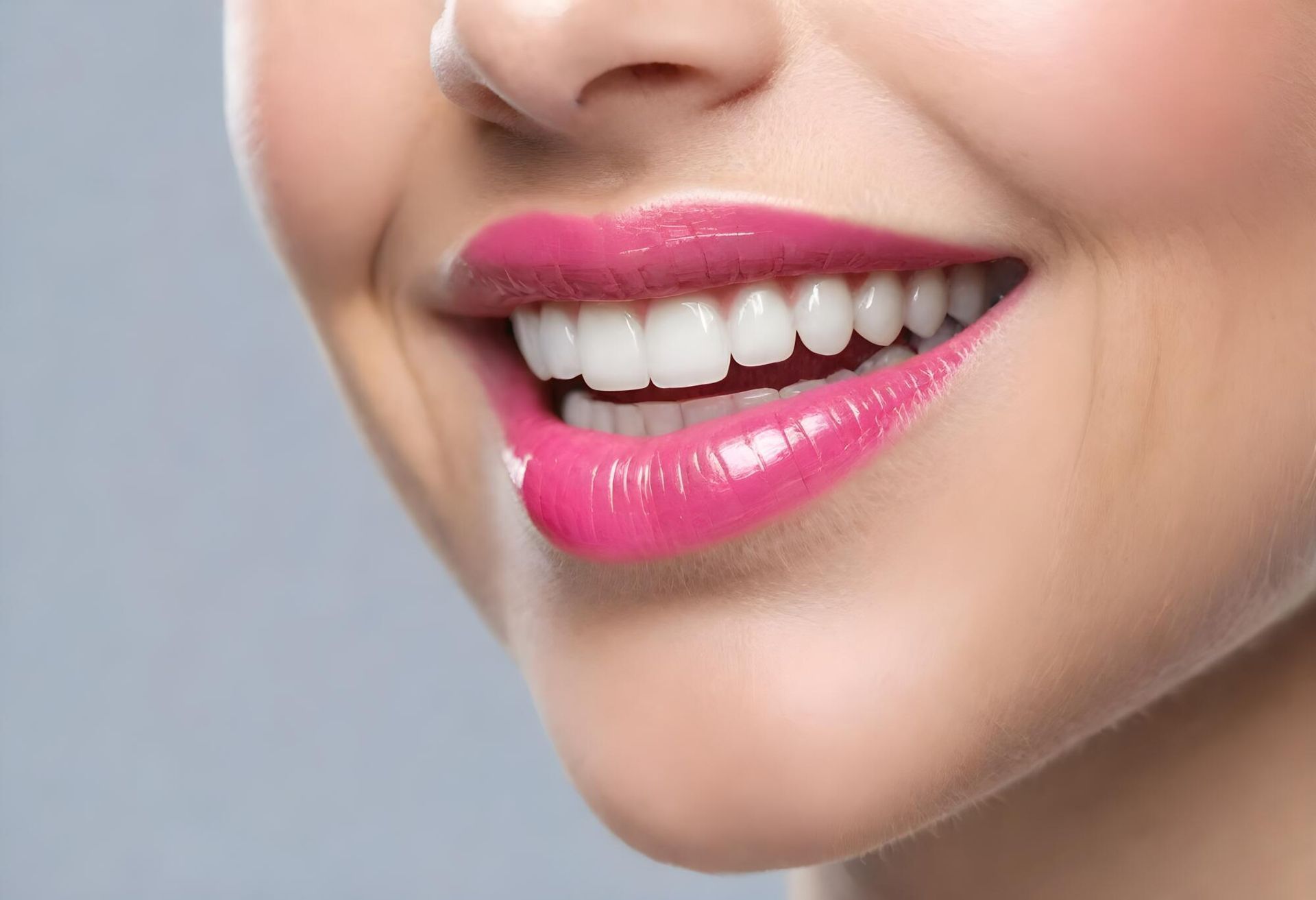 A close up of a woman 's smile with white teeth and pink lipstick.