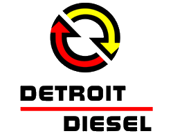 The detroit diesel logo has a red , yellow and black circle with an arrow through it.