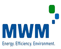 The mwm logo is blue and green and says energy efficiency environment.