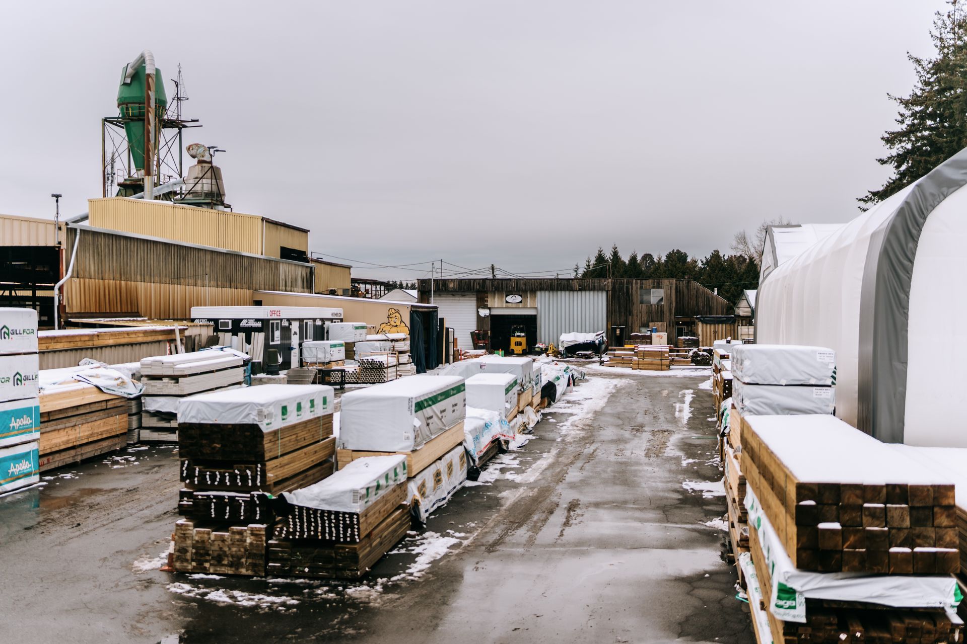 Dunbar Lumber Tilbury lumber yard in the winter.