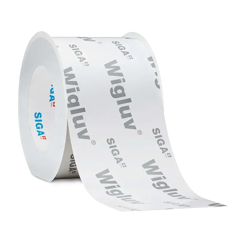 Roll of white Siga Wigluv tape, with grey text, on a white background.