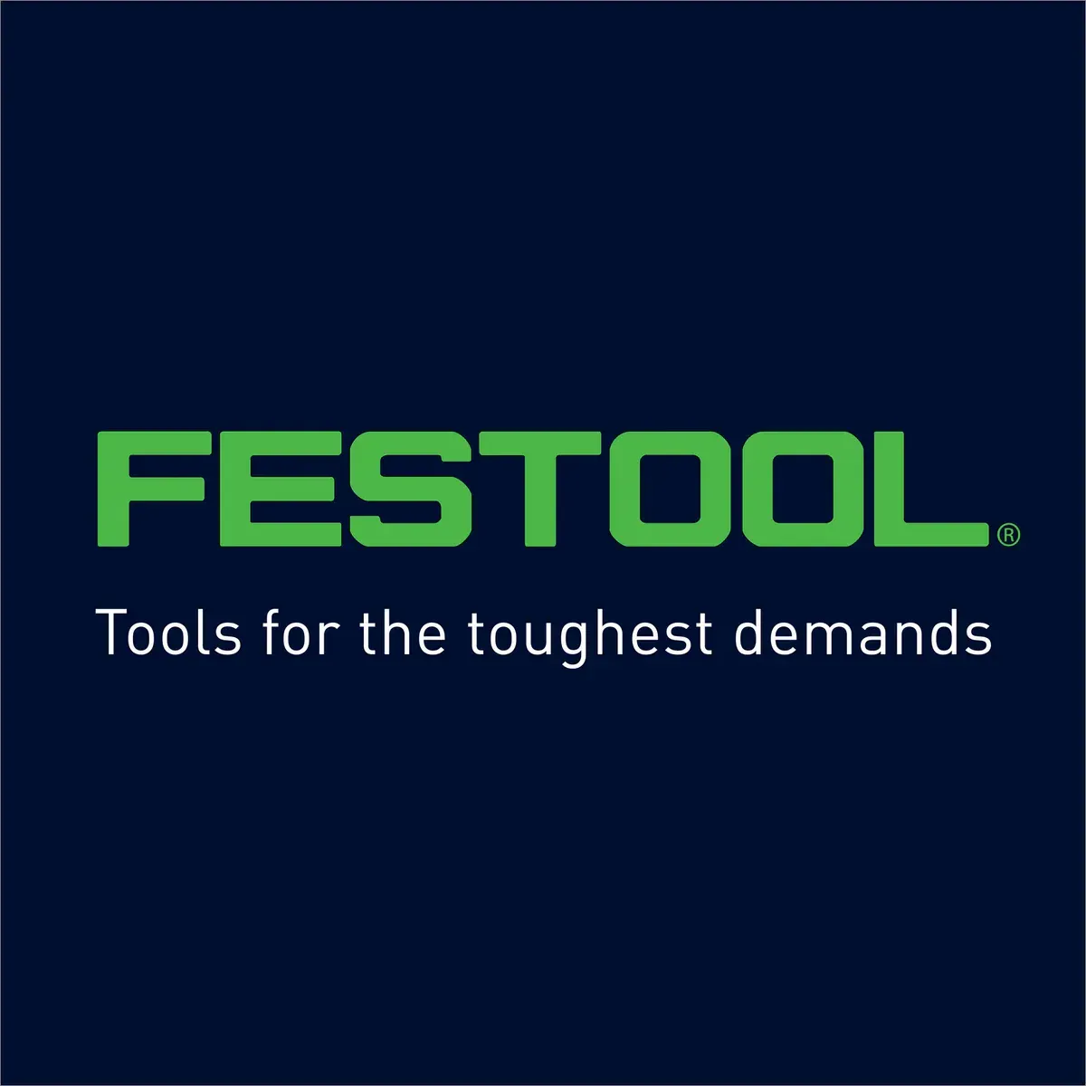 Festool logo on dark blue background with green text: