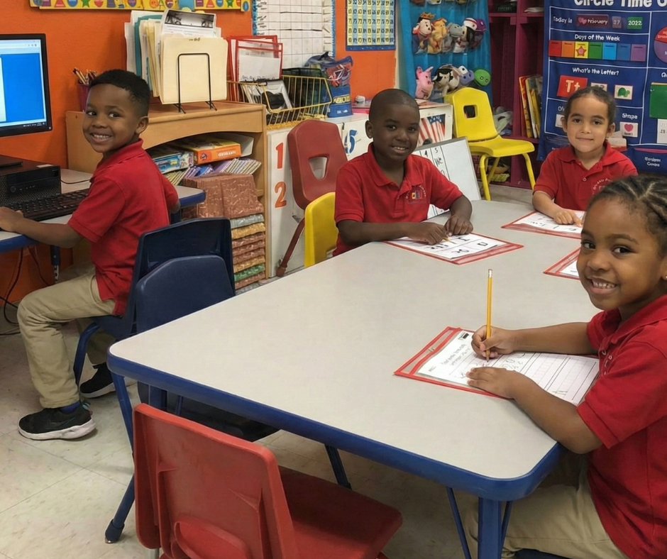 Two children in red shirts at a desk with learning materials in a classroom.
