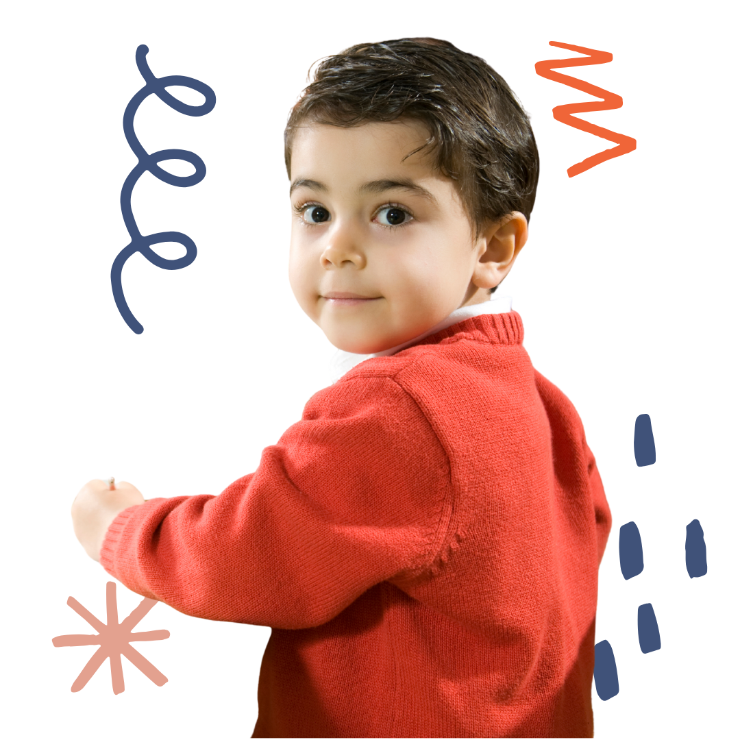 Boy in red sweater turns head and smiles, with doodles.