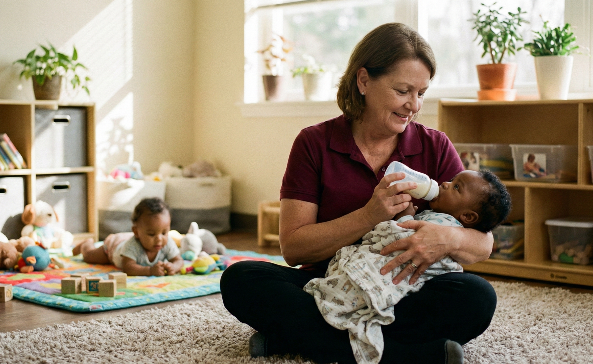 Woman feeding a baby a bottle in a playroom, another baby on a mat.