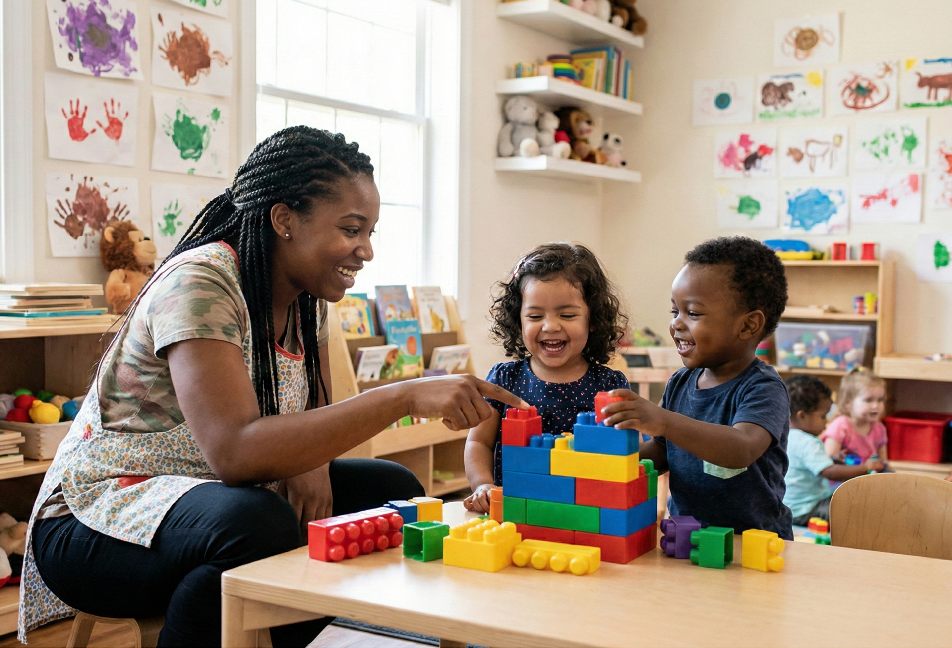 Teacher and two children playing with colorful blocks at a table in a classroom.