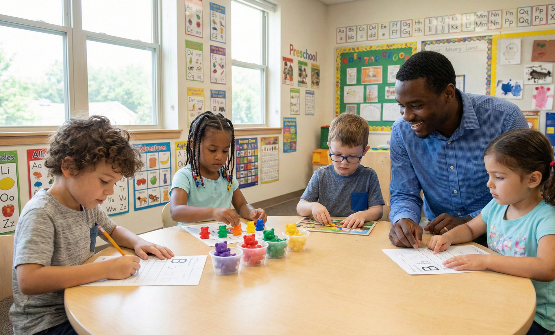 Teacher assisting children at a round table; children writing and playing with toys in a classroom.