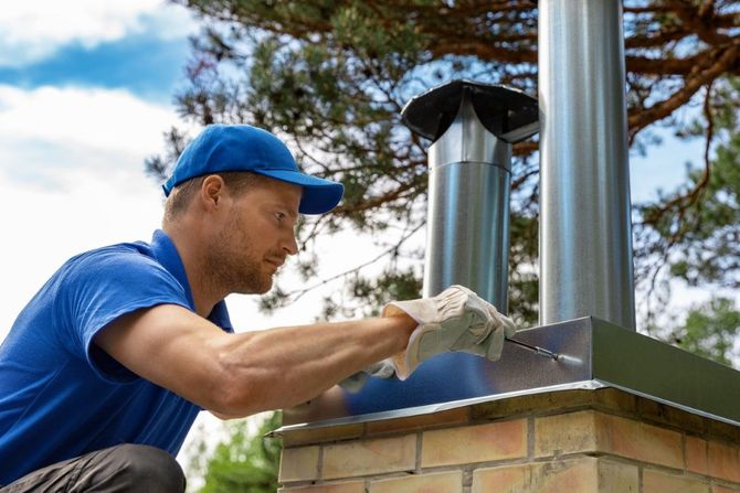 Worker in blue cap and shirt repairs a brick chimney outdoors under a blue sky
